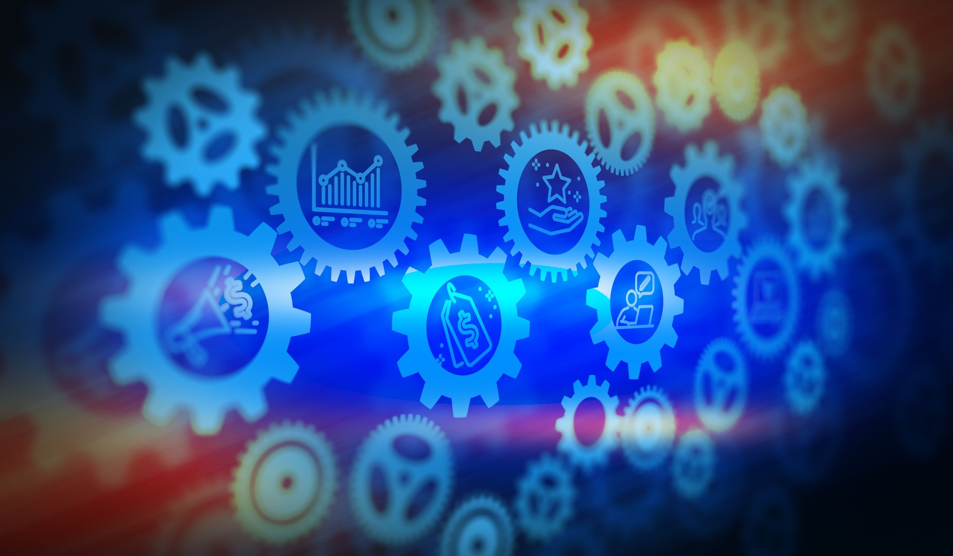 Virtual Marketing System with Connected Group of Gears and Business Icon. Sales, Feedback and Target Group. Digital Enterprise Automation Concept. 3D Illustration